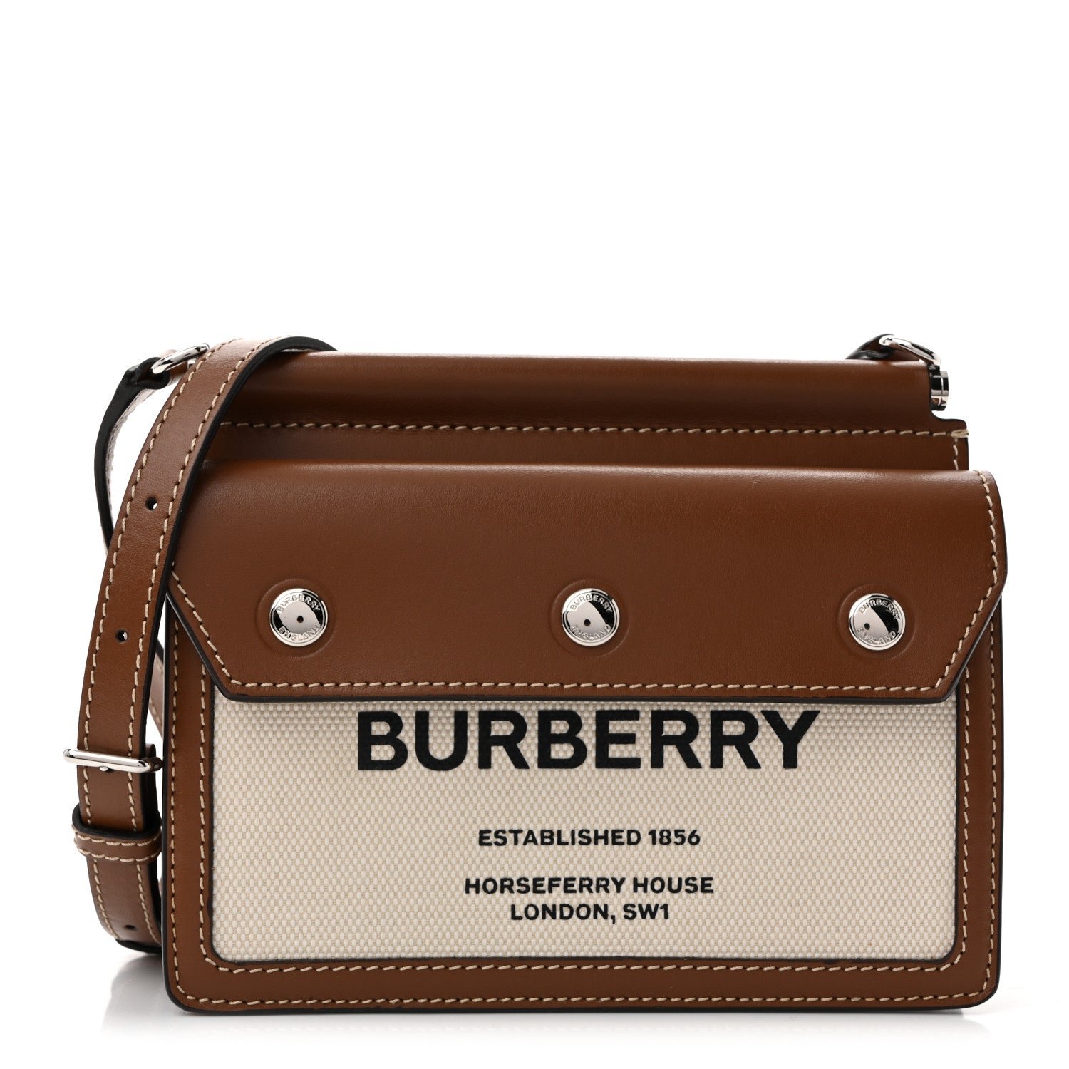 Burberry Smooth Calfskin Canvas Horseferry Print Mini Title Bag with Pocket Natural Malt Brown