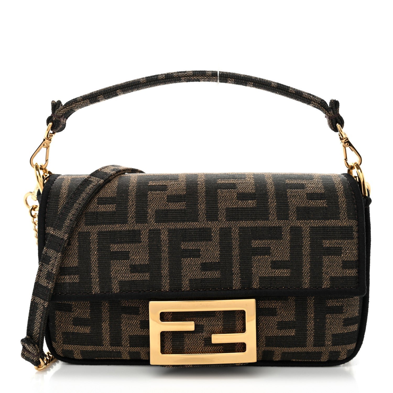 Fendi Fabric Jacquard FF 1974 Mini Baguette Tobacco Moro Black