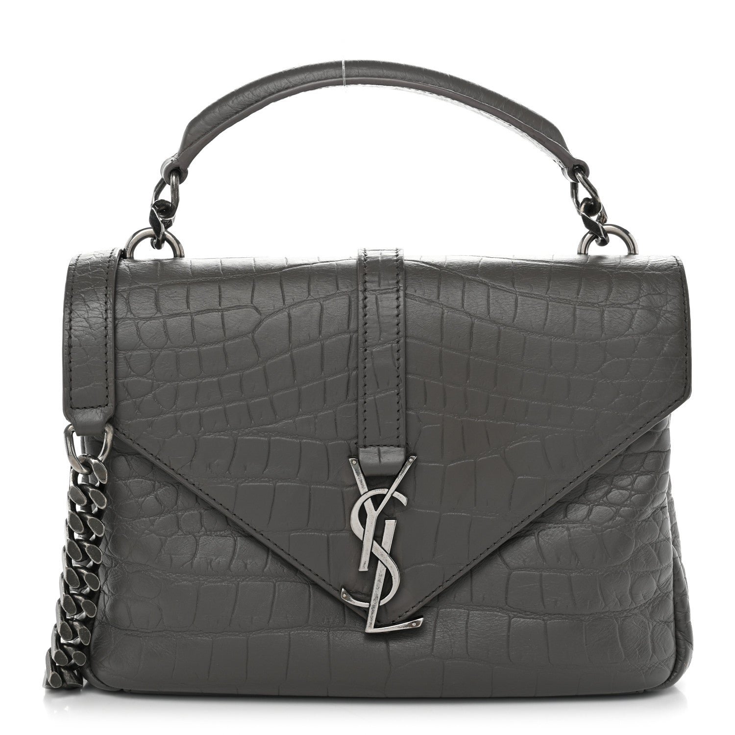 Saint Laurent Calfskin Crocodile Embossed Medium College Monogram Satchel Gray