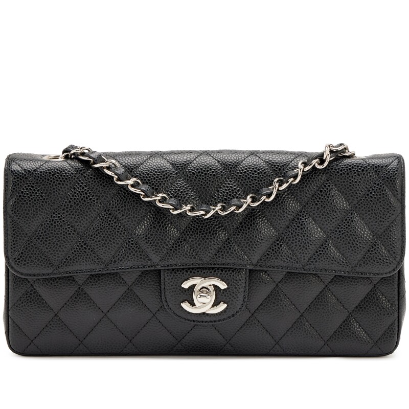 Black Quilted Caviar East West Classic Flap Bag Silver Hardware, 2005-2006