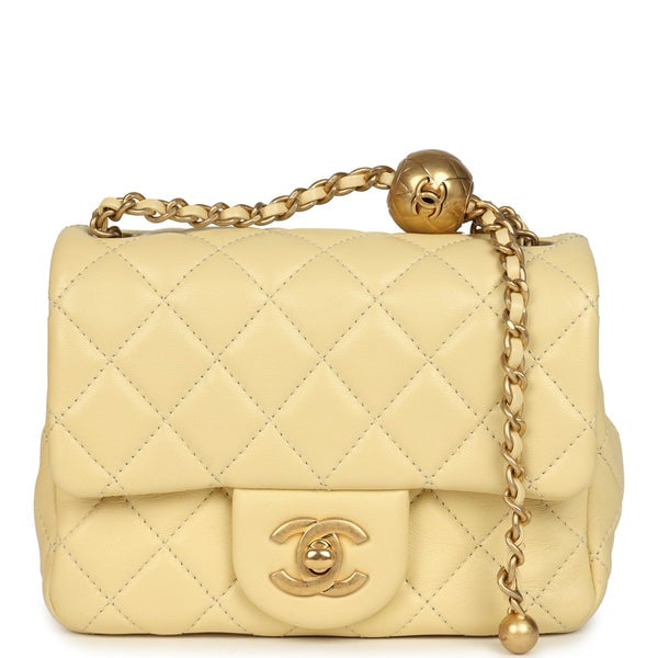 Chanel Pre-owned Chanel Mini Pearl Crush Square Flap Bag Yellow Lambskin Brushed Gold Hardware