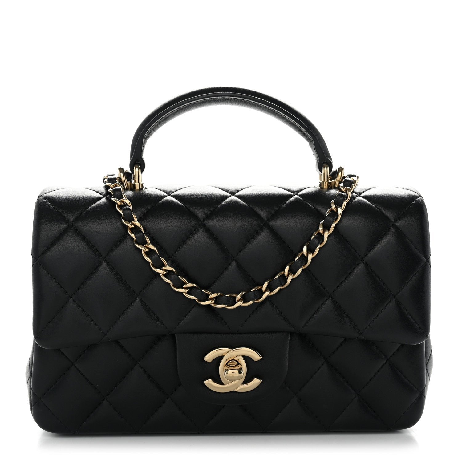 Chanel Lambskin Quilted Mini Top Handle Rectangular Flap Black