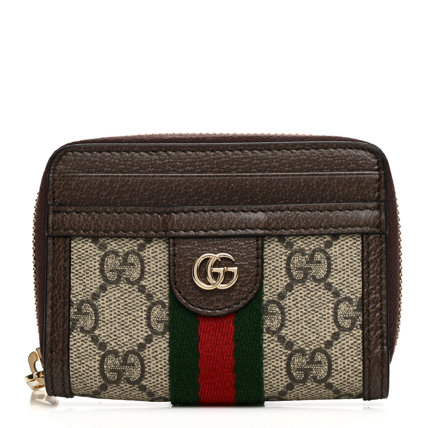 Gucci GG Supreme Monogram Textured Dollar Calfskin Web Ophidia Zip Around Card Case Wallet Beige Ebony New Acero