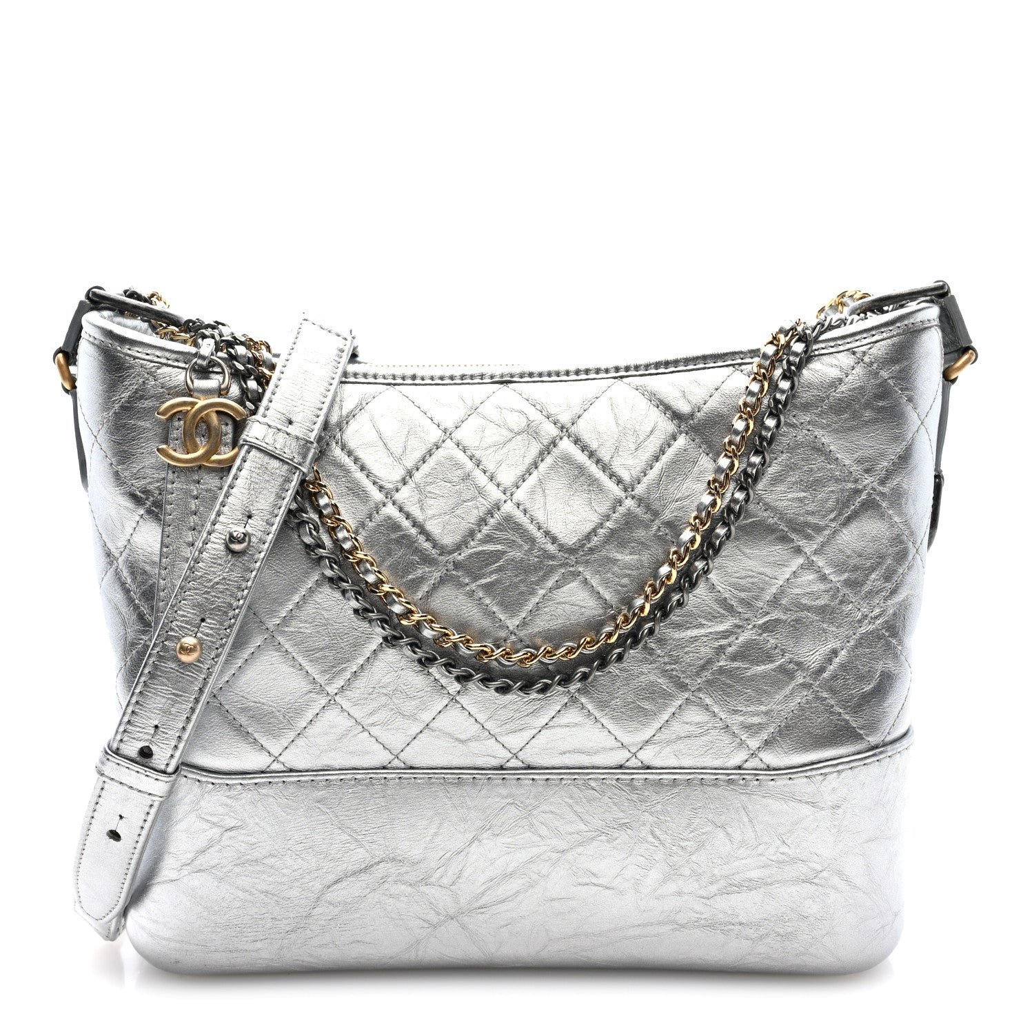 Chanel Metallic Lambskin Calfskin Quilted Medium Gabrielle Hobo Silver