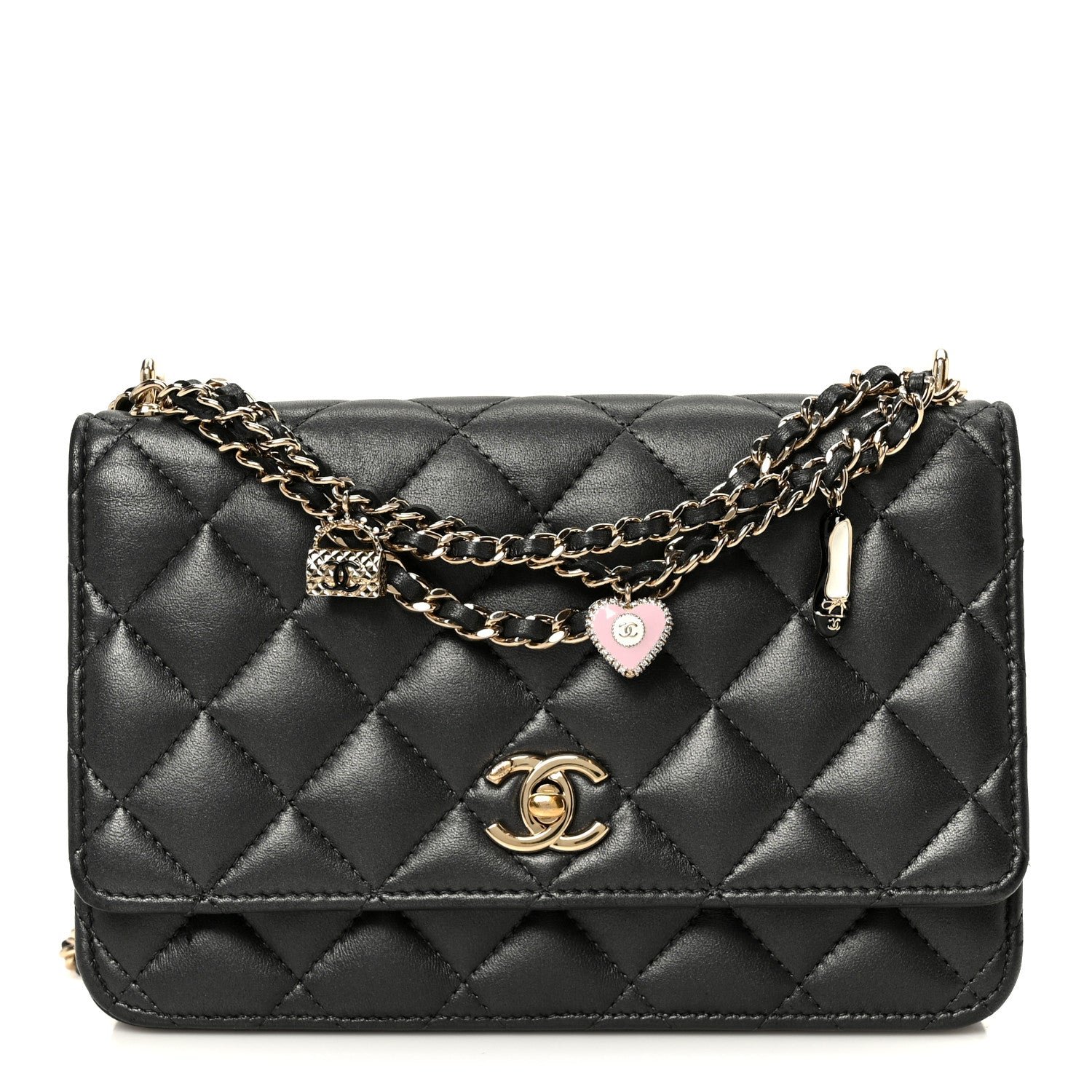 Chanel Pearly Lambskin Quilted Charms Wallet On Chain WOC Black