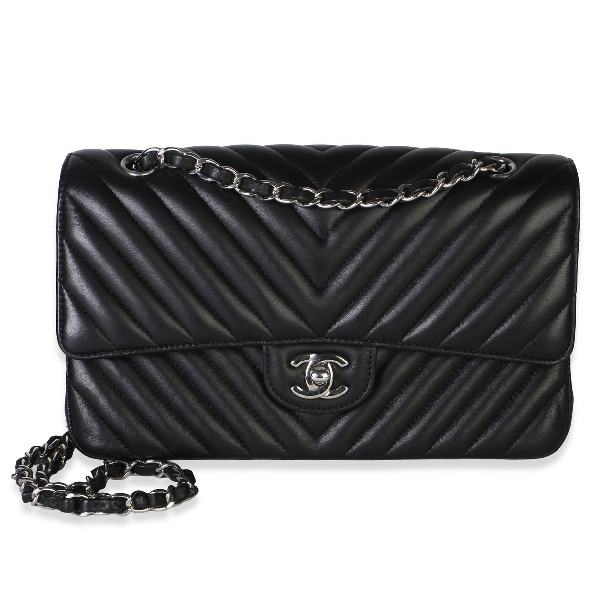 Black Chevron Lambskin Medium Classic Double Flap Bag