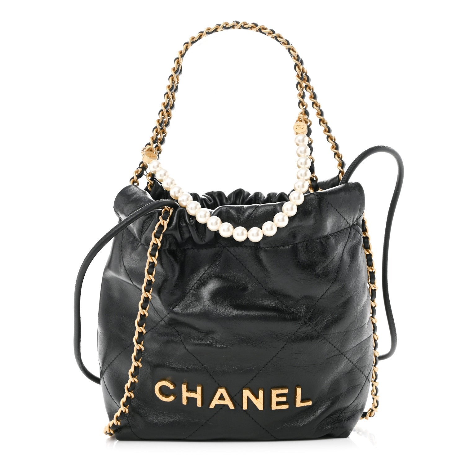 Chanel Shiny Crumpled Calfskin Quilted Pearl Mini Chanel 22 Black