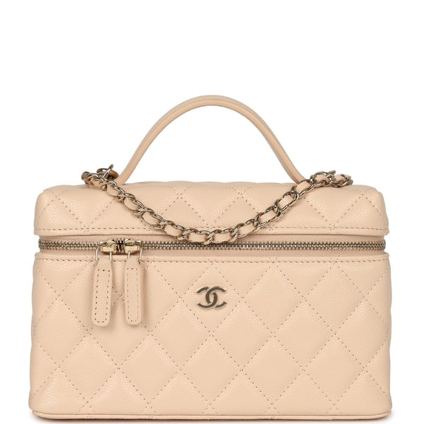 Chanel Top Handle Long Vanity Case with Chain Beige Shiny Caviar Light Gold Hardware