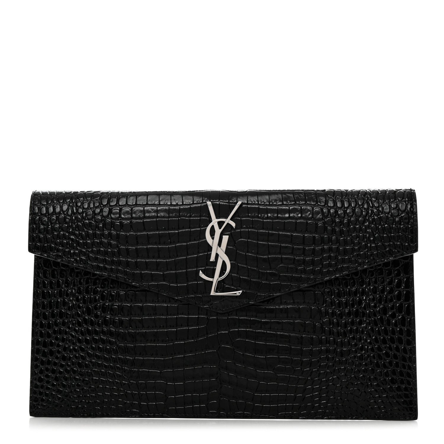 Saint Laurent Calfskin Crocodile Embossed Uptown Monogram Pouch Black