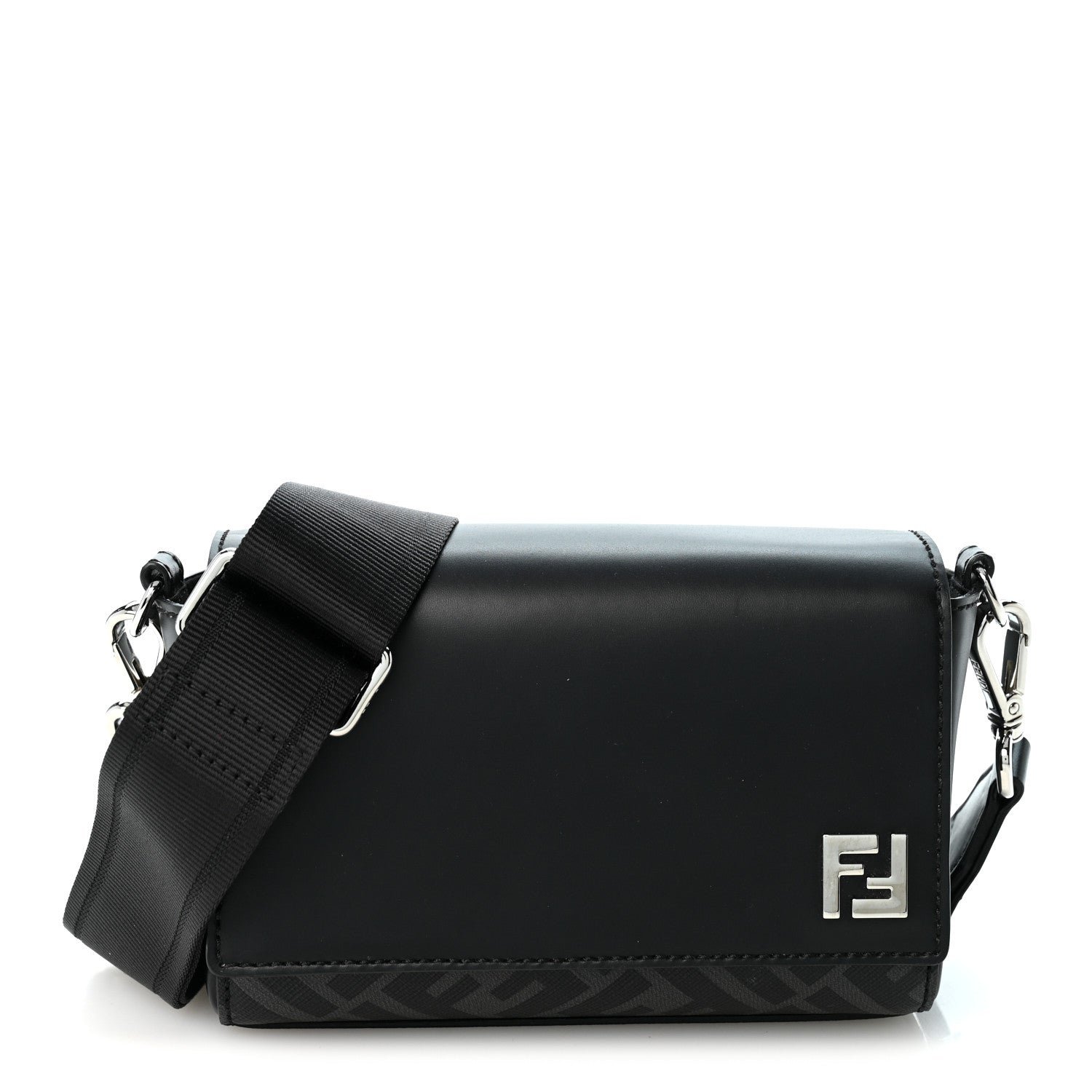 Fendi Vitello King Seta FF Mini Compact Messenger Bag Asfalto Black