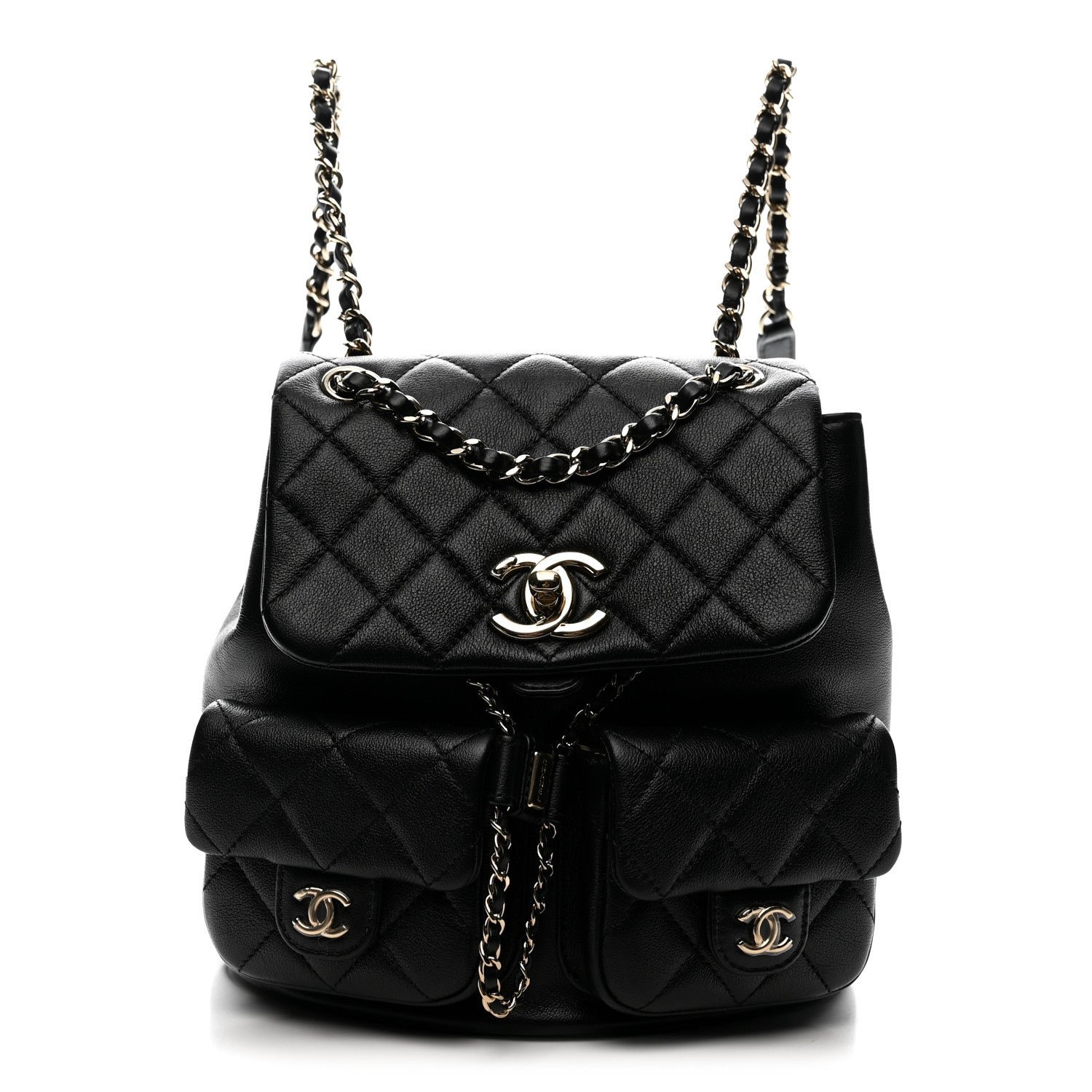 Chanel Shiny Caviar Quilted Medium Duma Pockets Drawstring Backpack Black