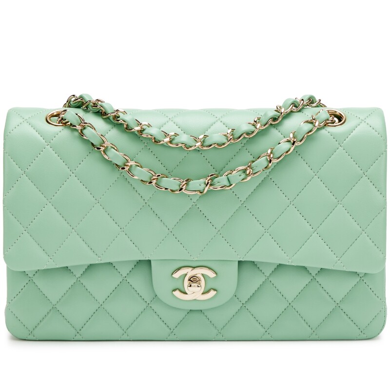 Light Green Quilted Lambskin Medium Classic Double Flap Bag Light Gold Hardware, 2021