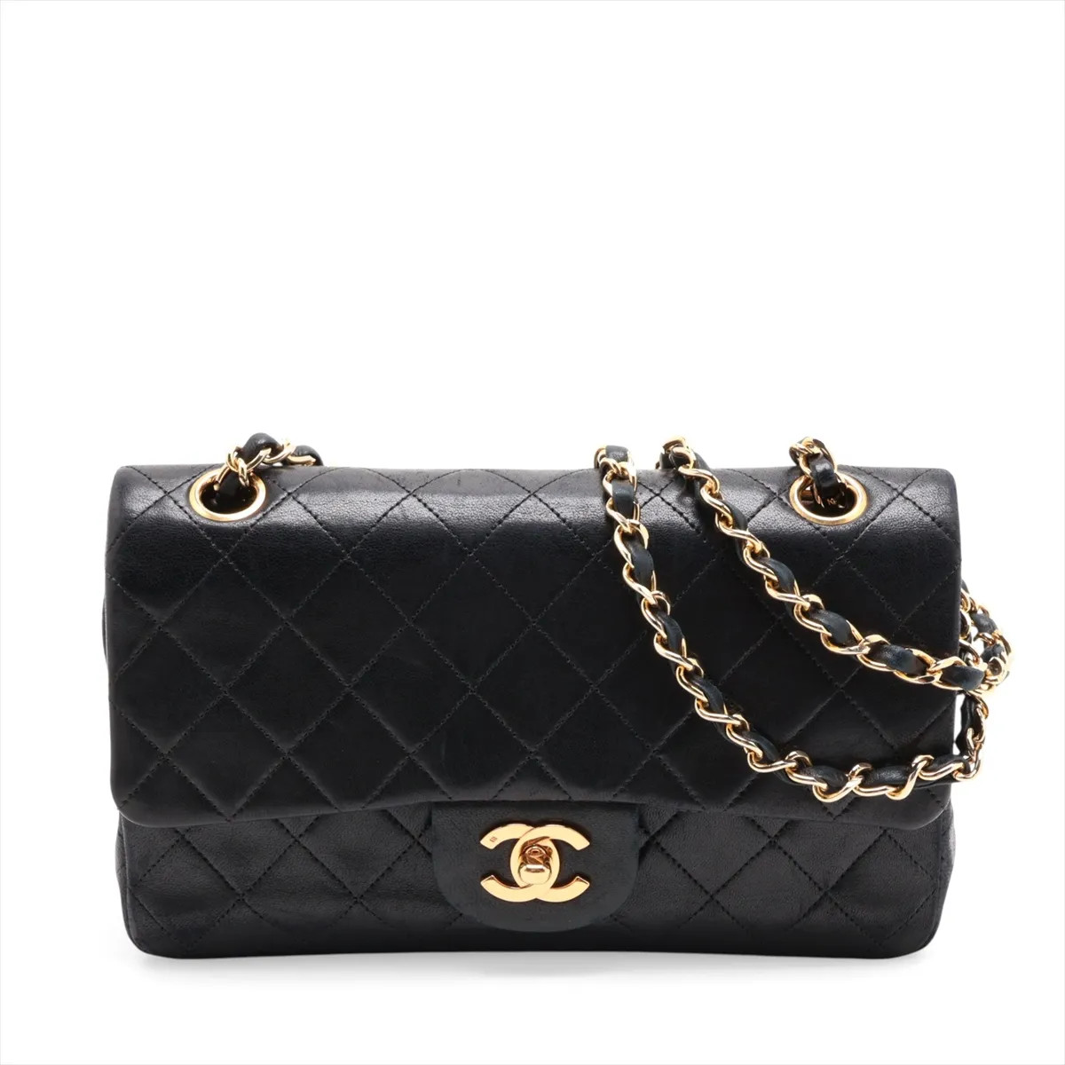 Chanel Matelasse 23 Small Lambskin Double Flap Double Chain Bag Black Gold Metal