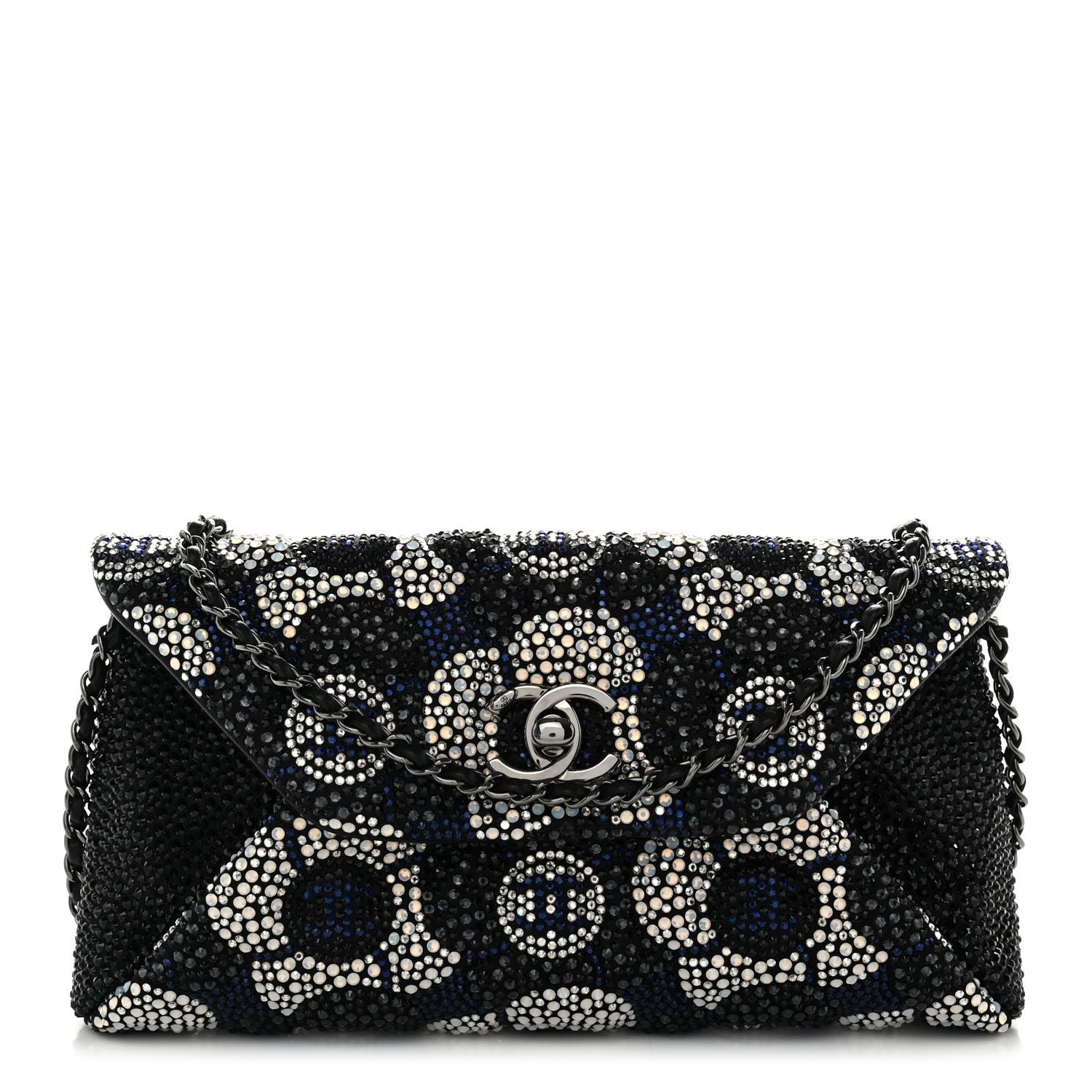 Chanel Satin Strass Flower Clutch With Chain Black White Blue