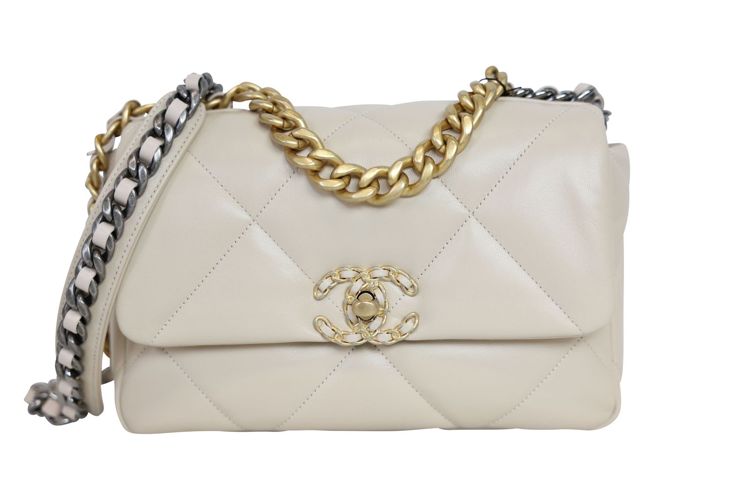 Chanel 19 20B Medium Bag, Light Beige Quilted Goatskin Leather and Mixed Hardware, New in Box WA001