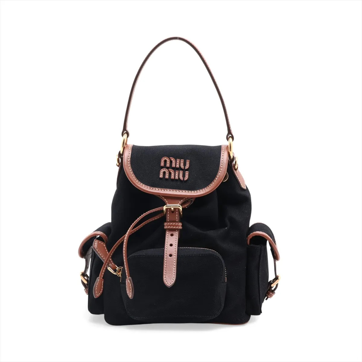 Miu Miu 5BZ043 Canvas & Leather Backpack Black × Brown