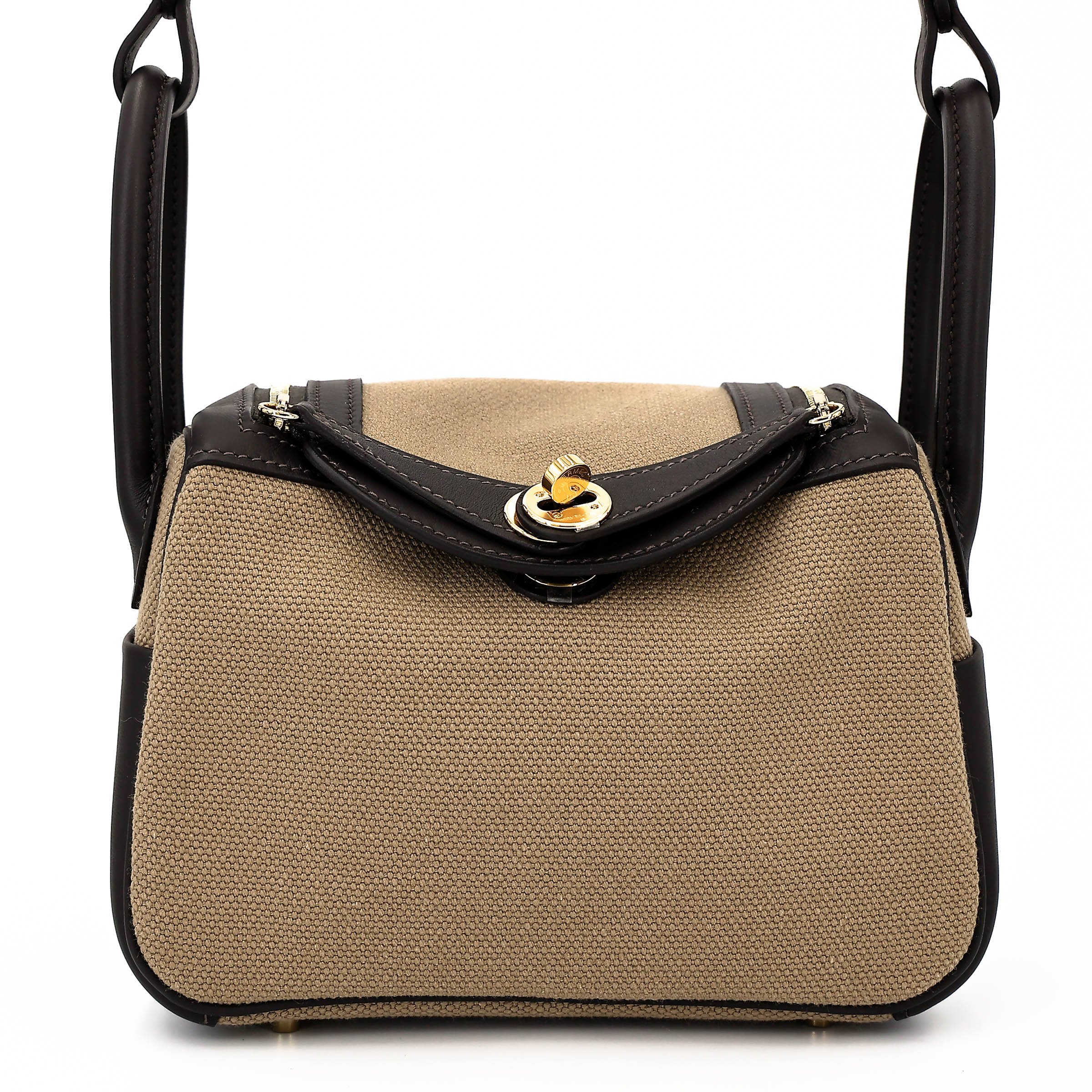 Brand New ( Rank N ) HERMÈS Mini Lindy II Bai Brun（T3） Mousse (19) Swift Canvas Gold hardware G (2026)