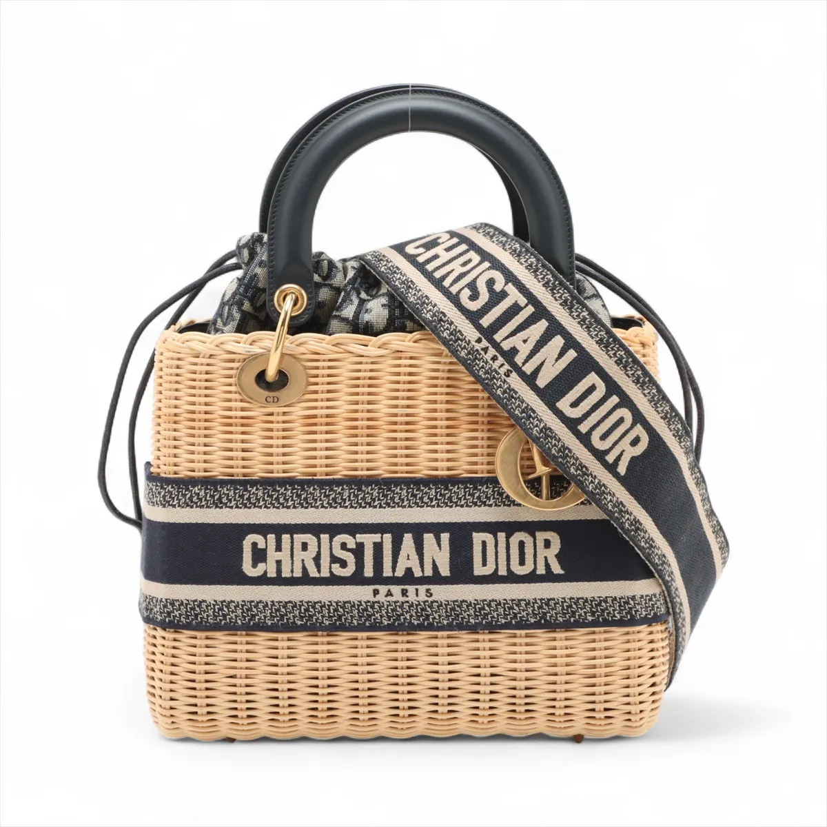 Christian Dior Lady Dior wicker rattan x canvas 2 Way Handbag Beige x navy
