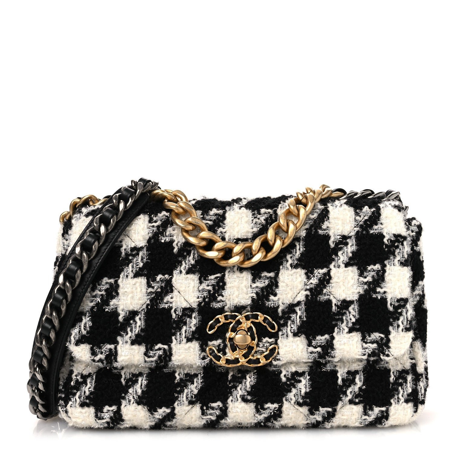 Chanel Tweed Quilted Medium Chanel 19 Flap Black Ecru White