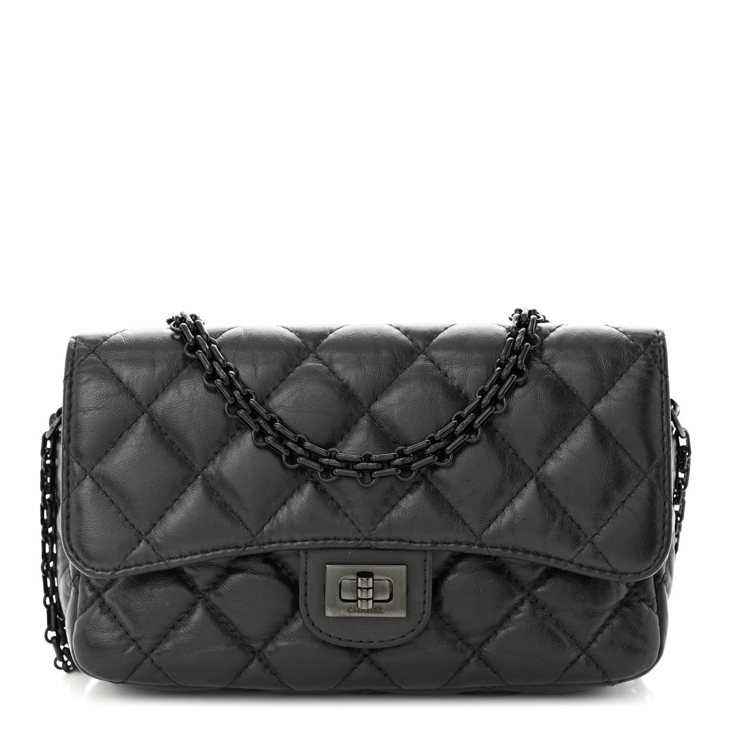 Chanel Aged Calfskin Quilted 2.55 Reissue Phone Holder With Chain So Black