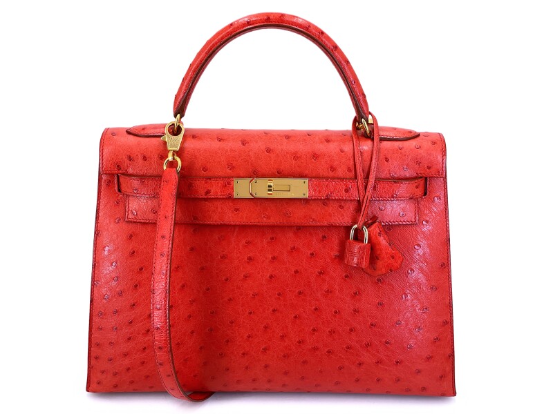 Hermes Vintage Rouge Vif Ostrich Sellier Kelly 32 Gold Hardware, 1996