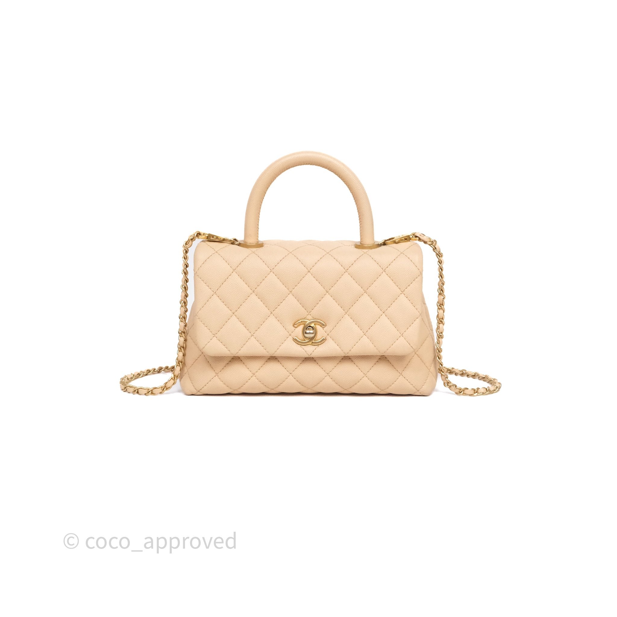 Chanel Small Coco Handle Quilted Beige Caviar Aged Gold Hardware
