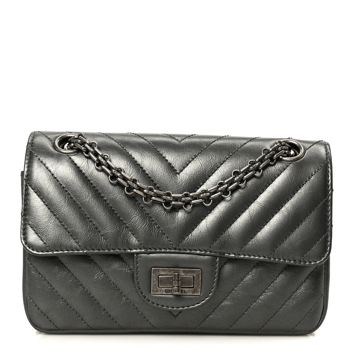 Chanel Metallic Aged Calfskin Chevron Quilted 2.55 Reissue Mini Flap Grey