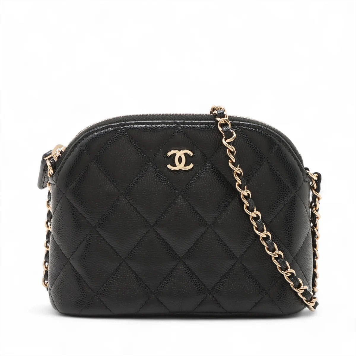 Chanel Mini Matelasse Caviar Skin Chain Shoulder Bag Black Gold Metal Fittings r