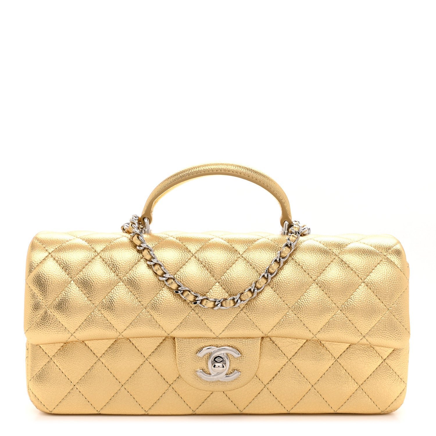 Chanel Metallic Caviar Quilted Top Handle East West Flap Gold