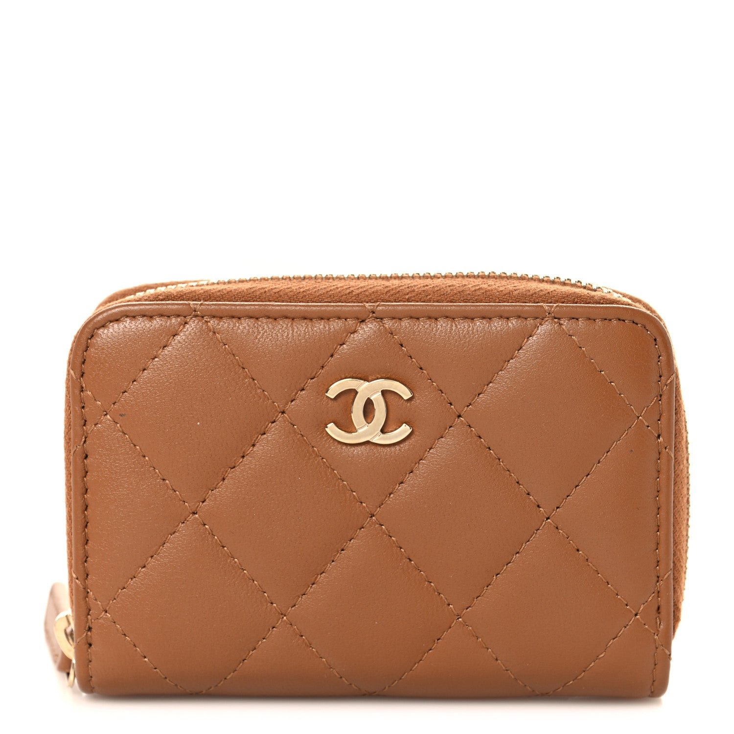 Chanel Lambskin Quilted Zip Around Coin Purse Wallet Brown