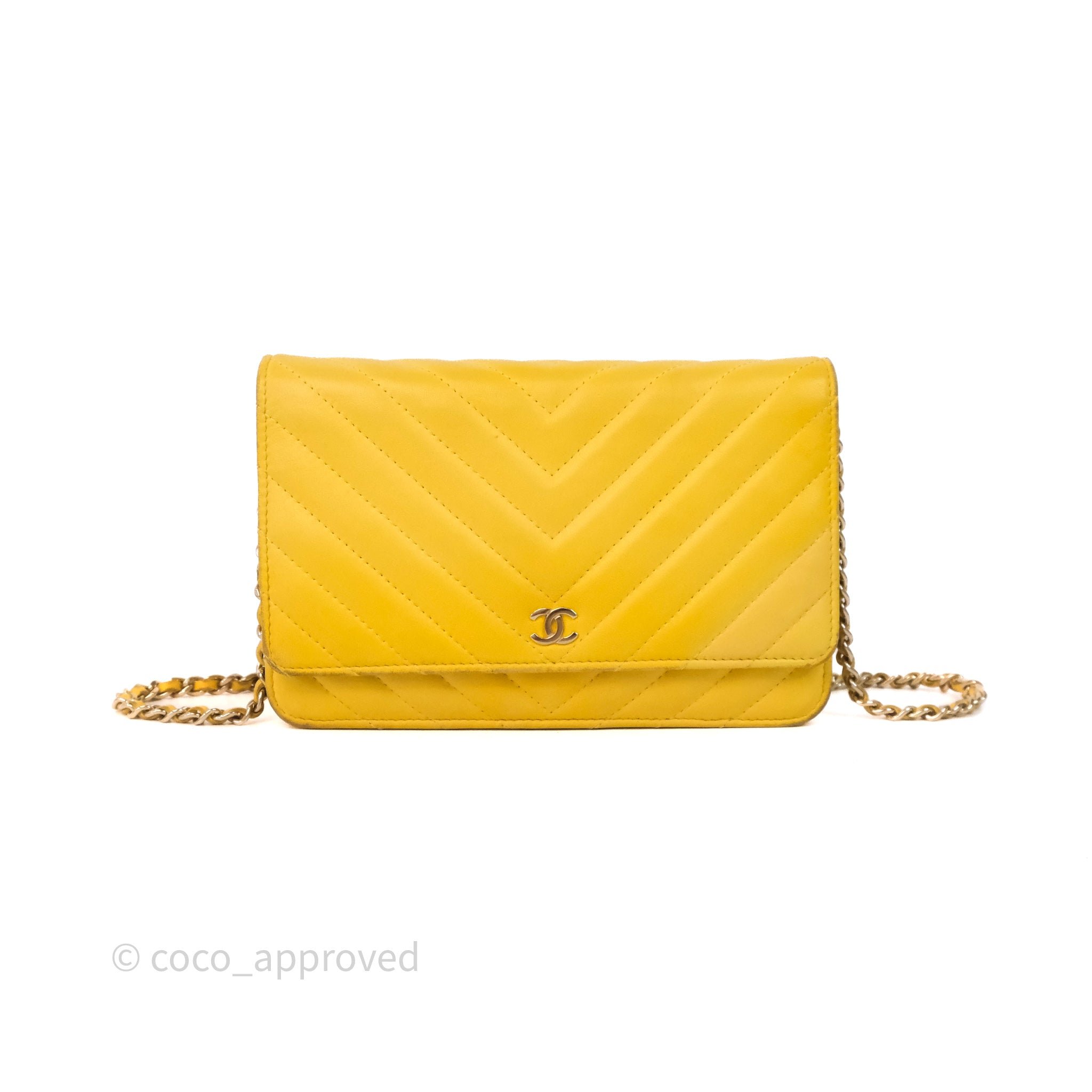 Chanel Chevron Quilted Wallet on Chain WOC Yellow Lambskin Gold Hardware