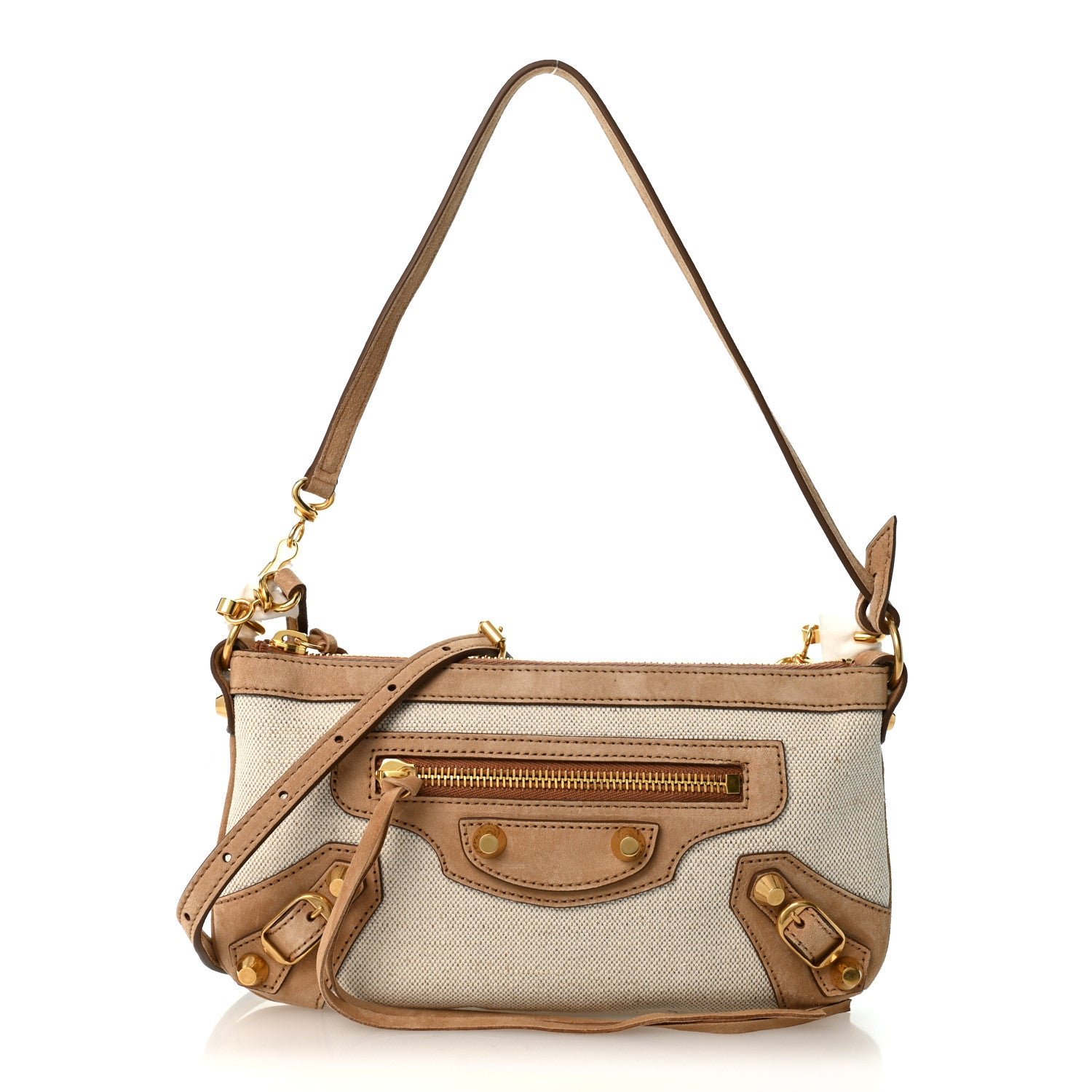Balenciaga Linen Canvas Waxed Suede Calfskin Aged Gold Hardware Le City Pouch On Strap Beige Camel