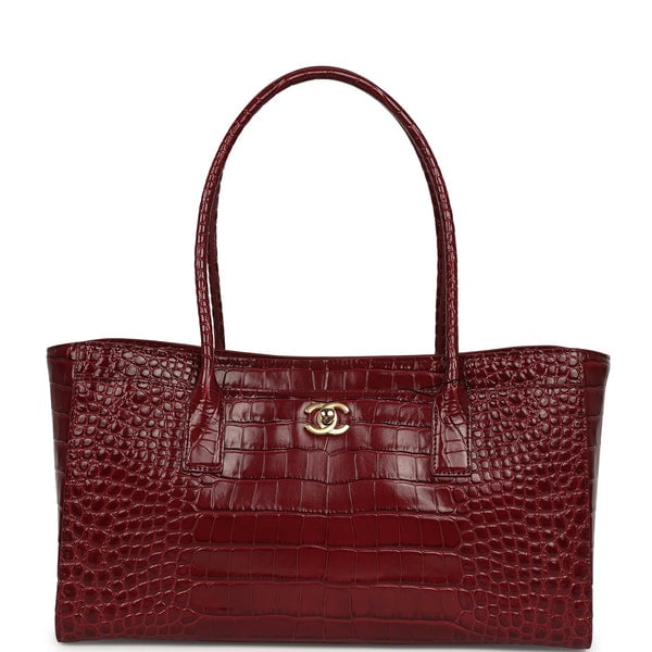 Chanel Small Cerf Shopping Bag Burgundy Croc Embossed Calfskin Gold Hardware