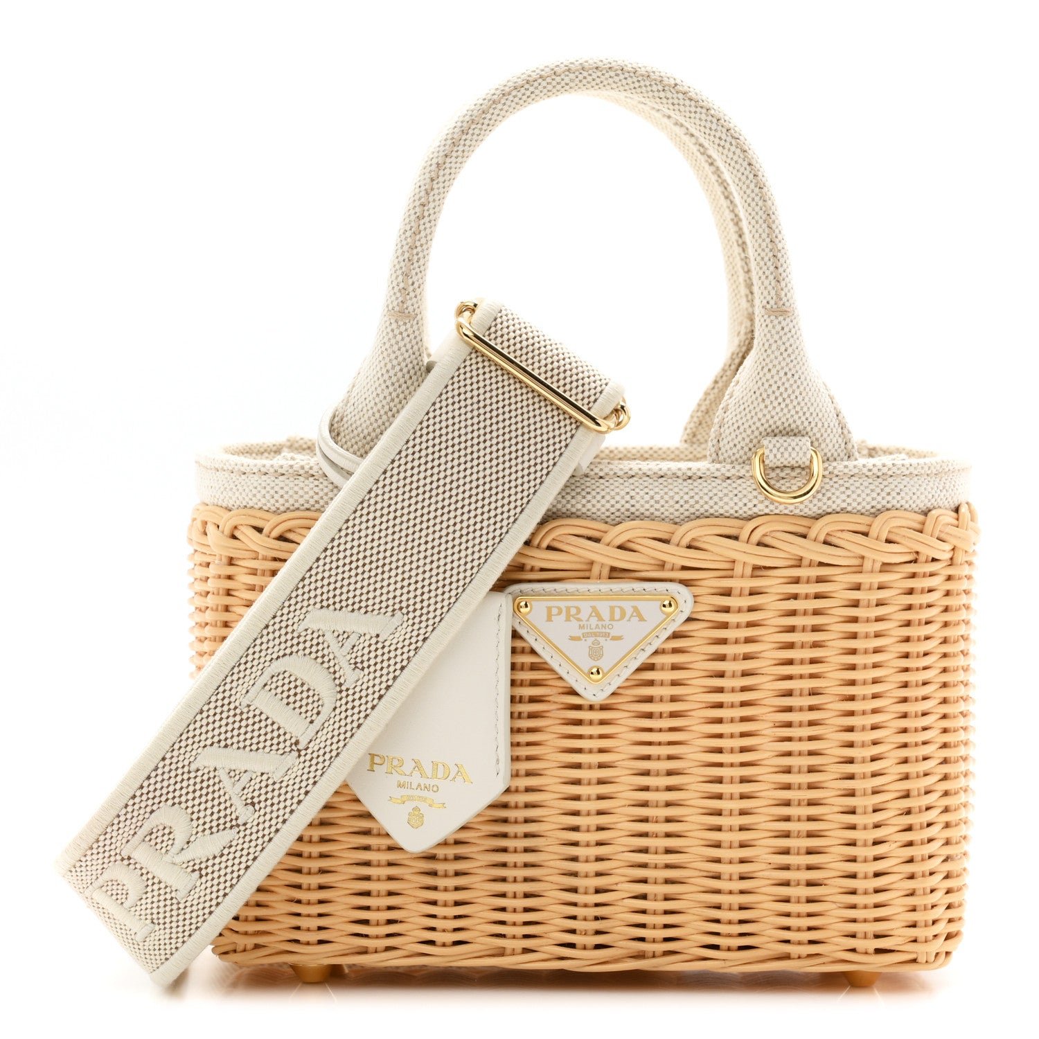 Prada Wicker Canvas Mini Tote Naturale White