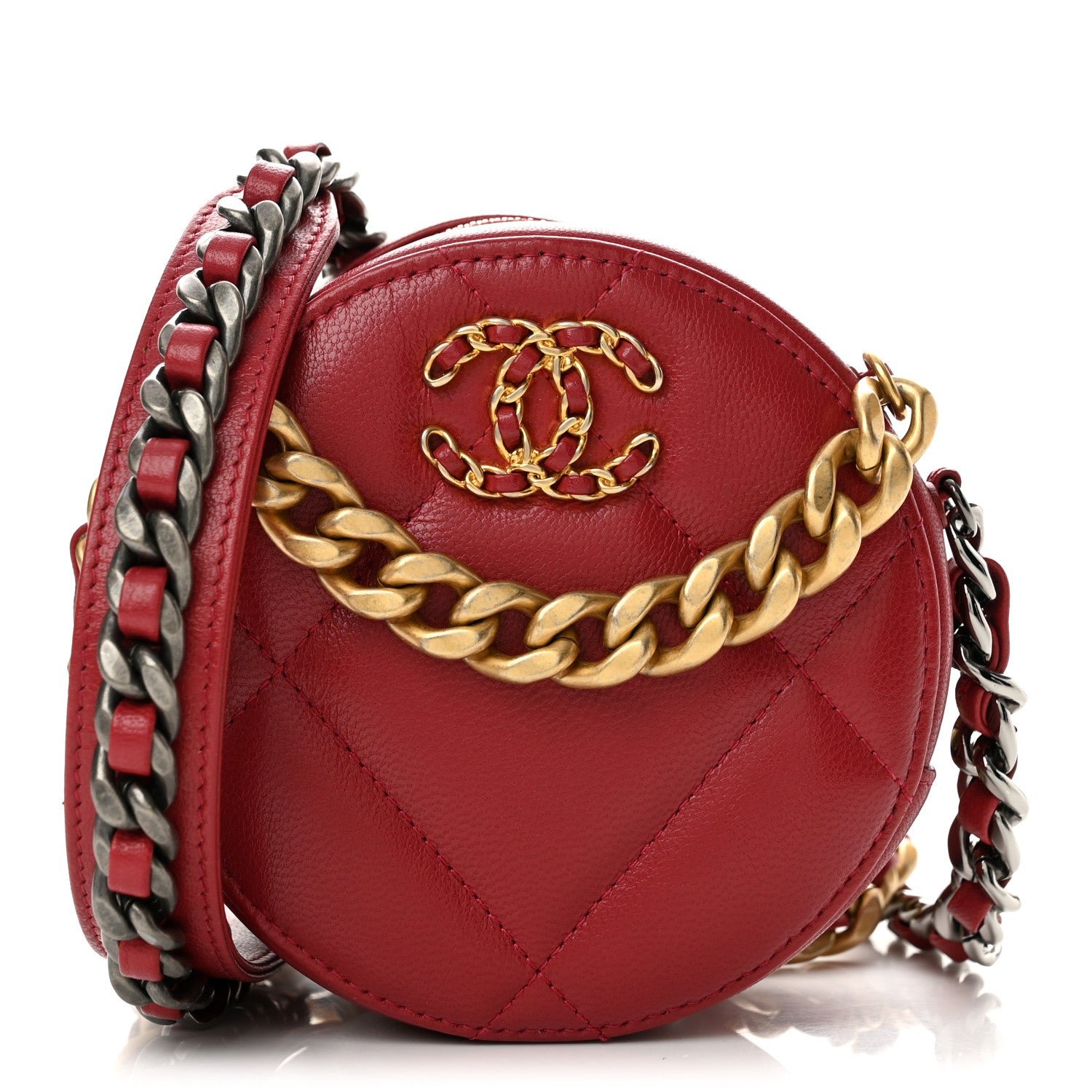 Chanel Shiny Goatskin Quilted Chanel 19 Round Clutch With Chain Red