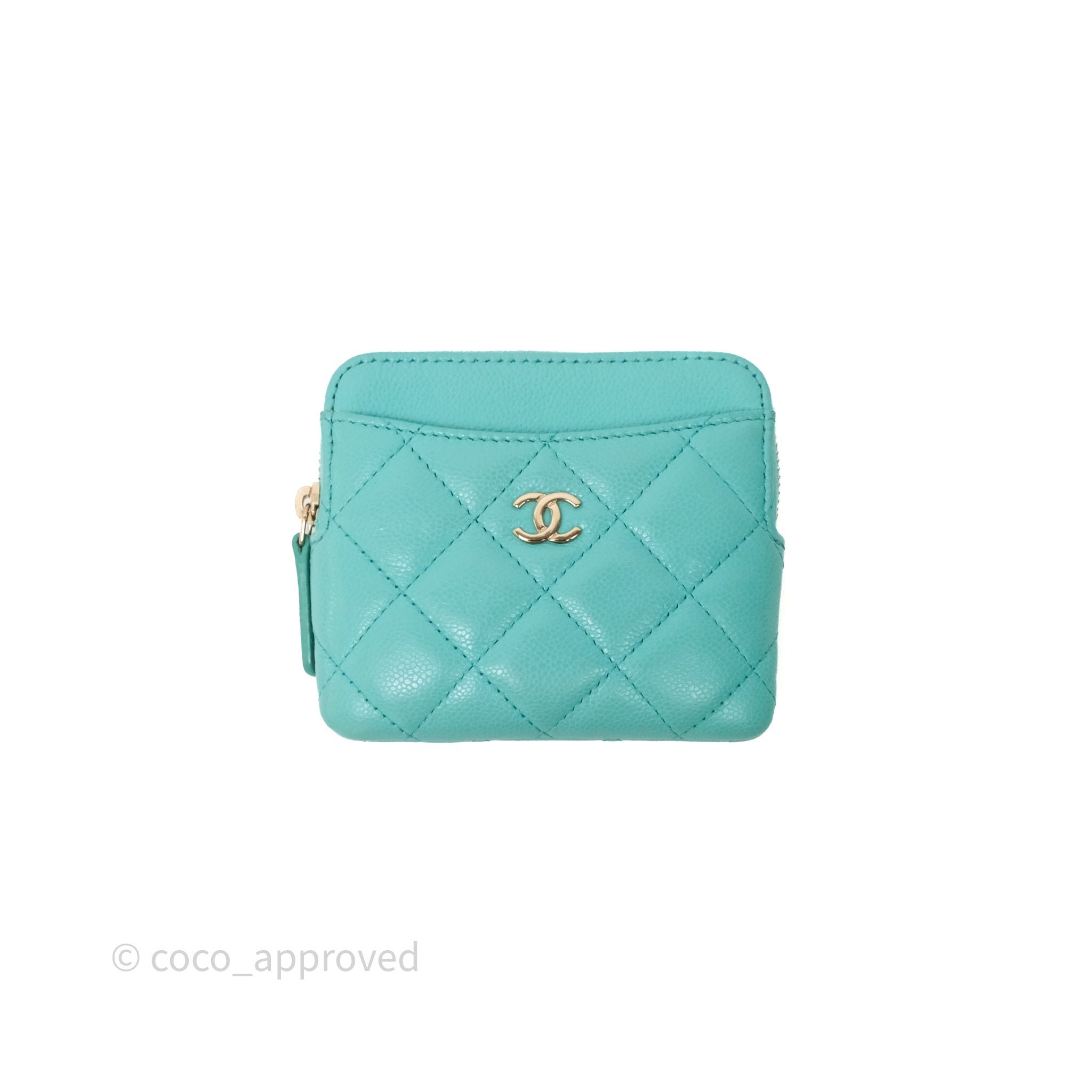 Chanel Quilted Classic Zip Card Holder Wallet Tiffany Blue Caviar Gold Hardware