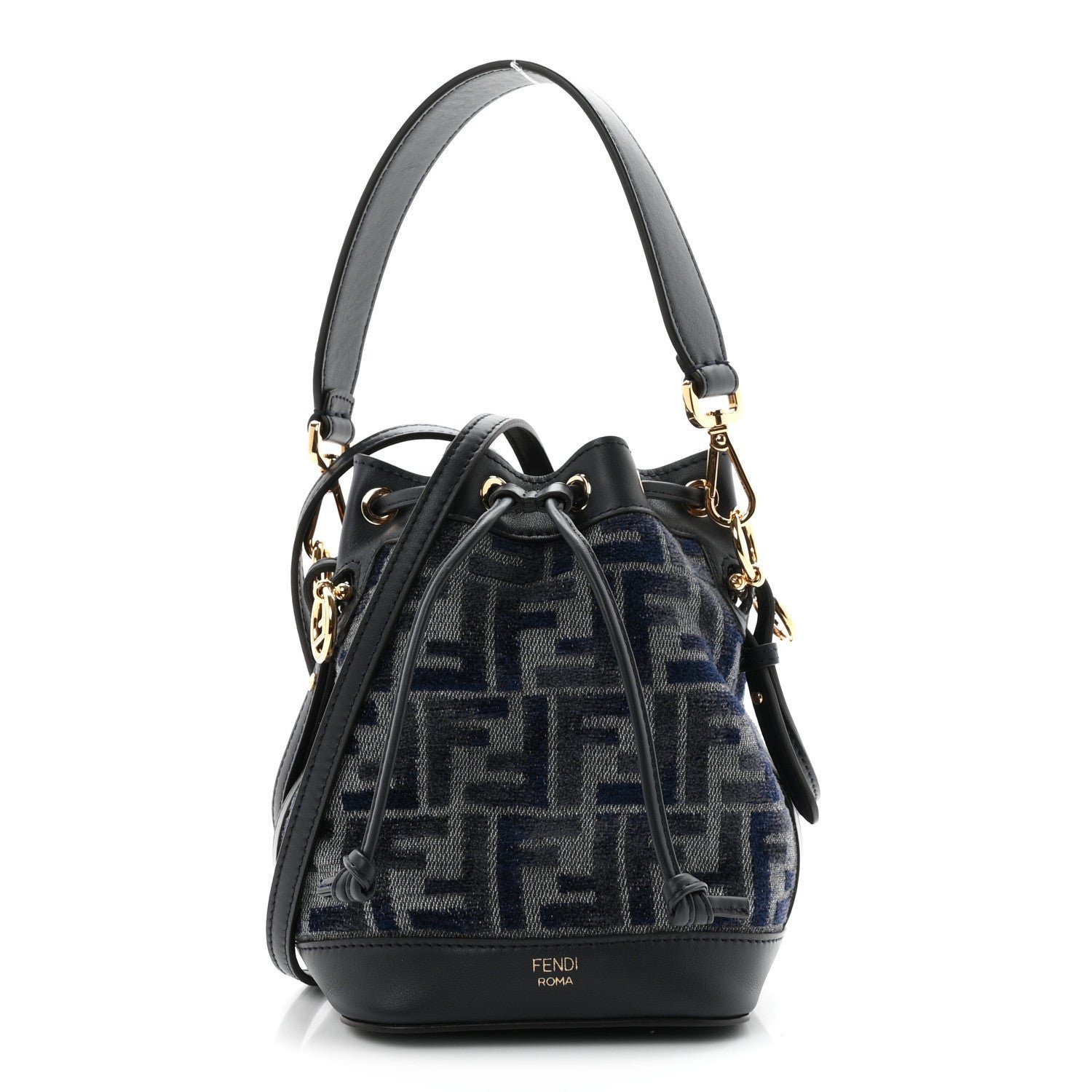 Fendi Chenille Vitello Grace FF Mini Mon Tresor Bucket Bag Grigio Blue Notte