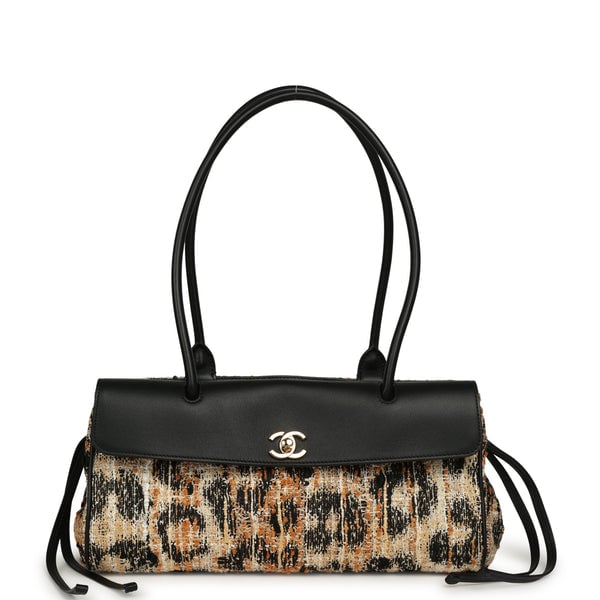 Chanel Small Leopard Print "Urban Essential" East West Shopping Tote Black Calfskin, Brown, Black, White Tweed, Mixed Fibers Gold Hardware