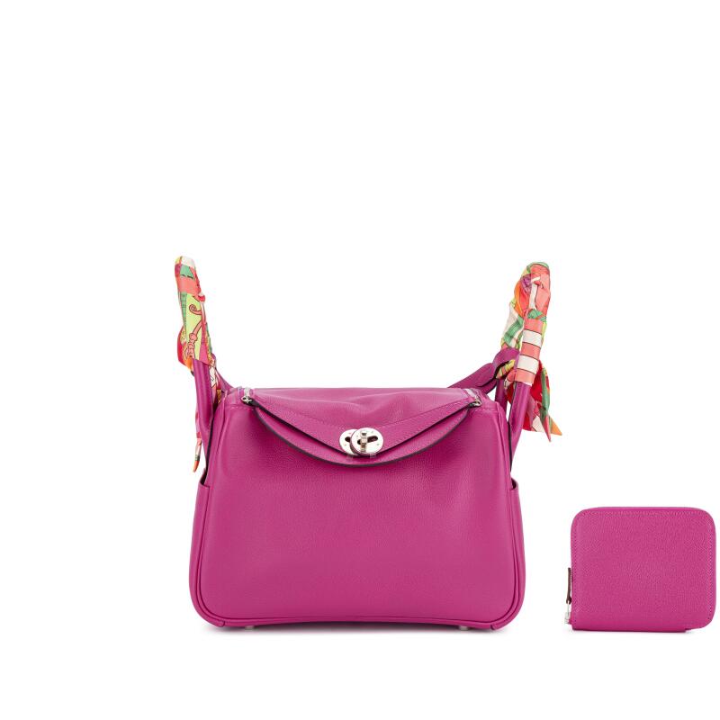 Hermes Rose Pourpre Swift Lindy 26 Gold Hardware, 2017, Rose Pourpre Epsom Silk'In Compact Wallet Palladium Hardware, 2018 and Twillies