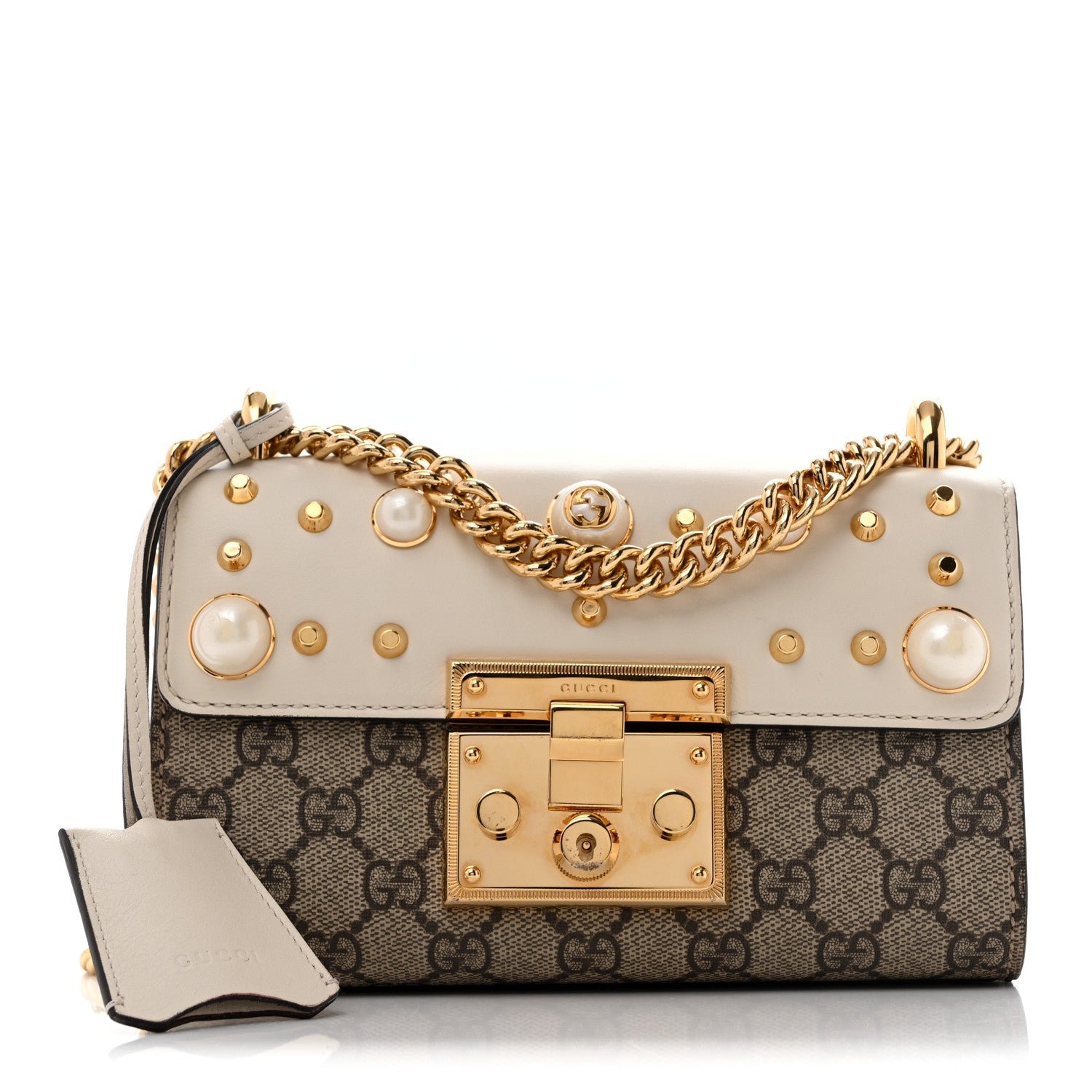 Gucci GG Supreme Monogram Studded Small Padlock Shoulder Bag White