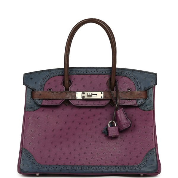Hermes Hermes Birkin Ghillies 30 Violet, Bleu De Malte, Chocolat Ostrich Palladium Hardware