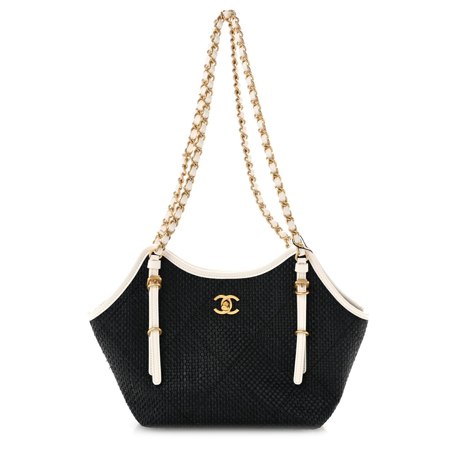 Chanel Braided Raffia Calfskin Stitched Small Shopping Tote Black White