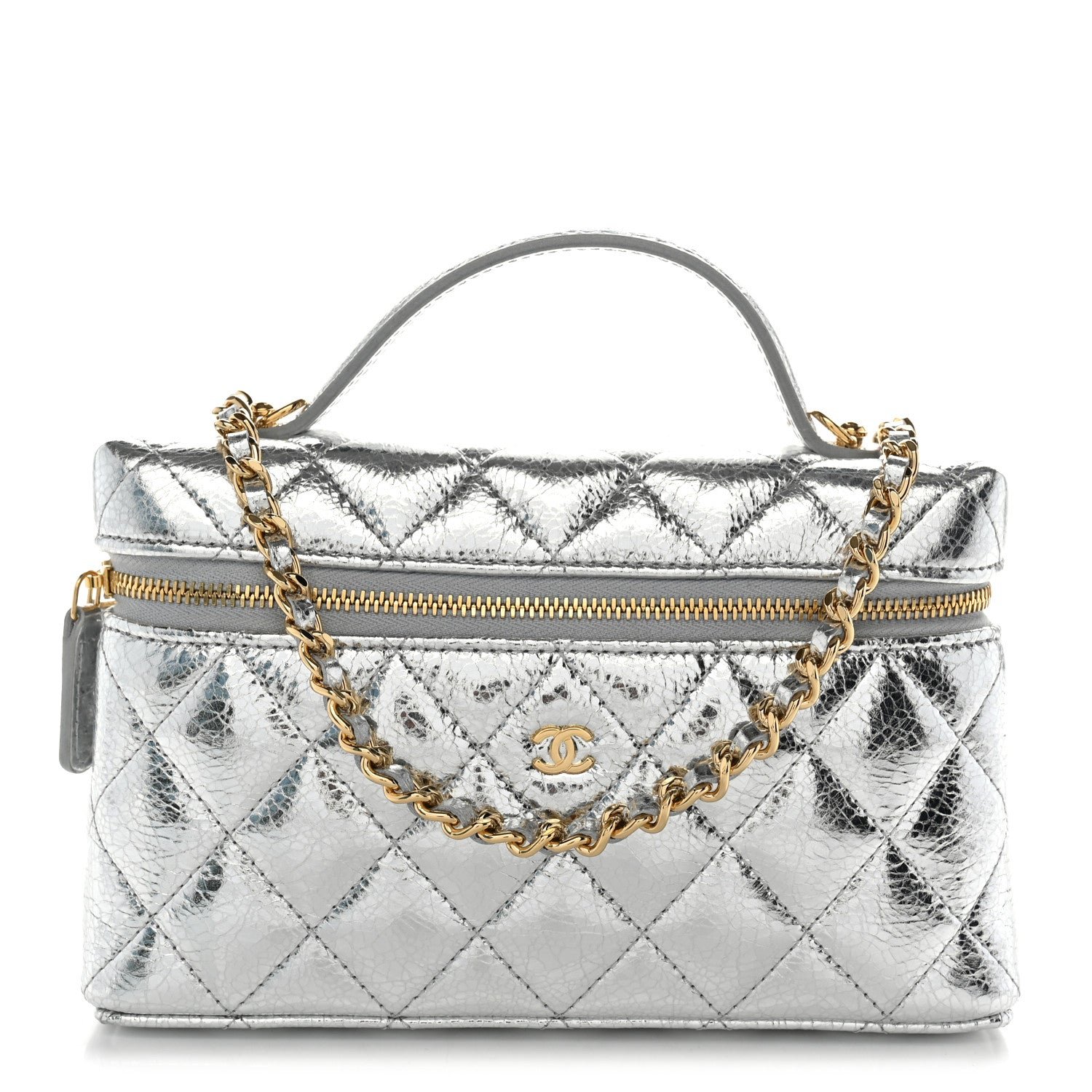 Chanel Metallic Calfskin Quilted Top Handle Slim Vanity With Chain Silver