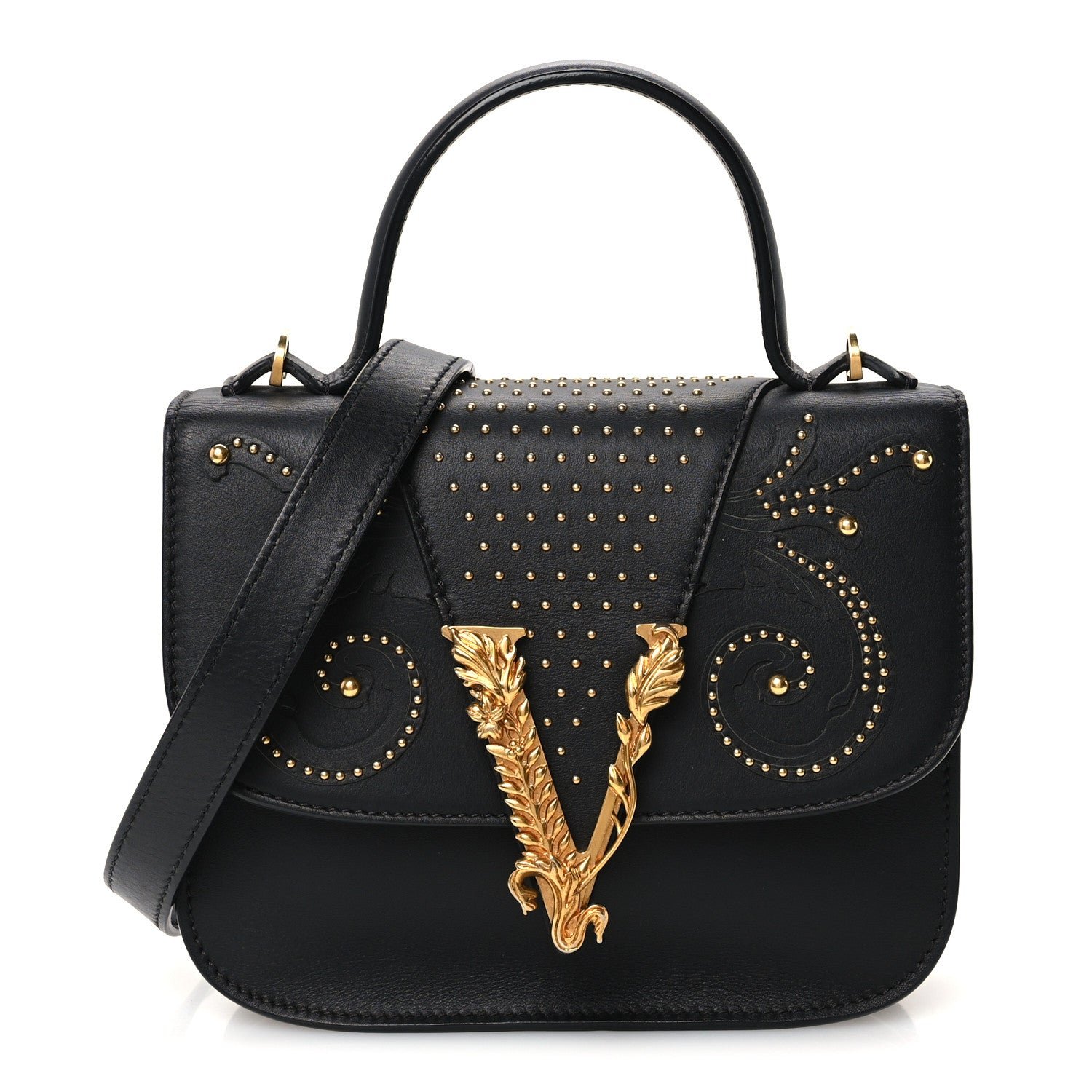 Versace Vitello Western Studded Virtus Mini Top Handle Shoulder Bag Black