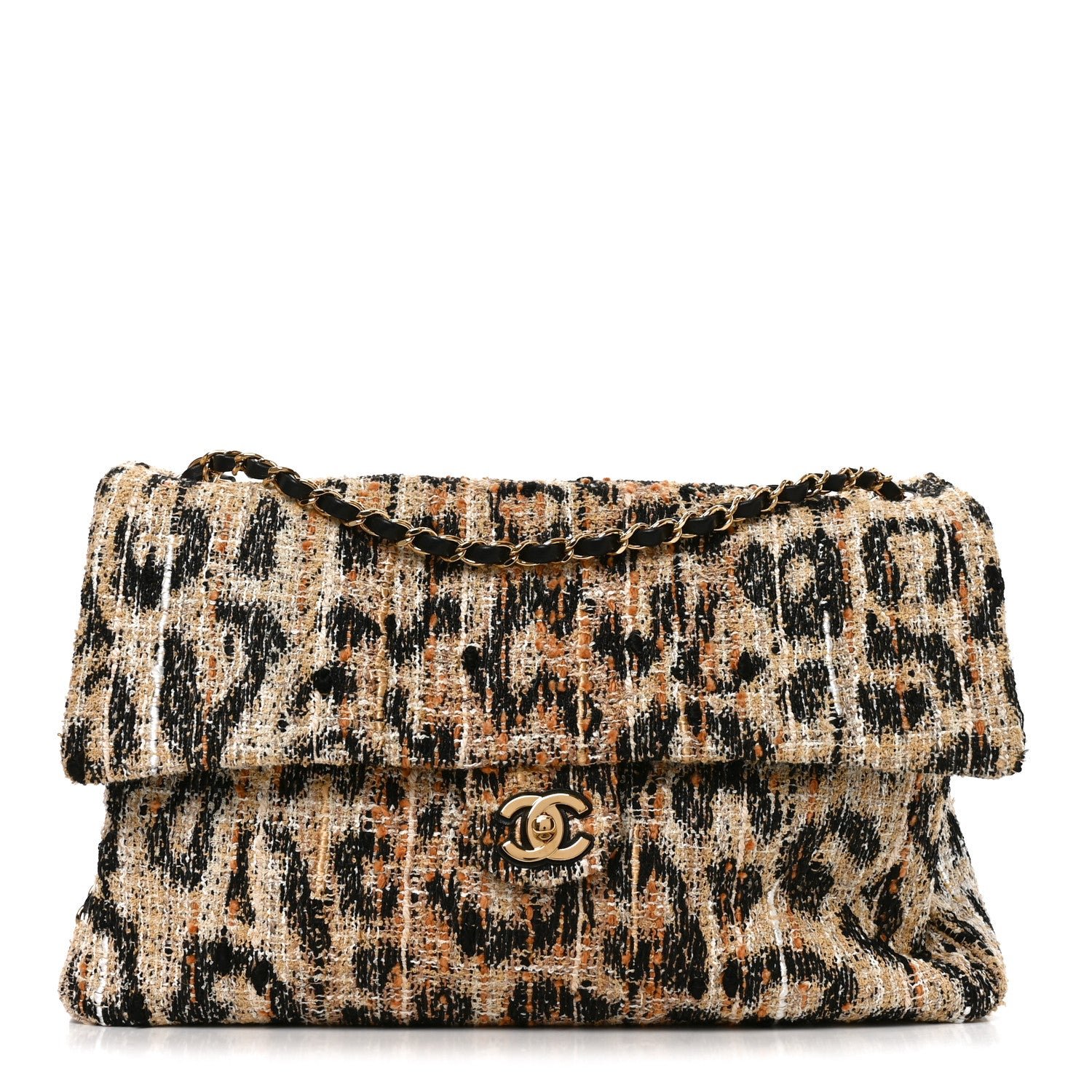 Chanel Tweed Mixed Fibers Leopard Print Souplissimo Maxi Flap Brown Black White