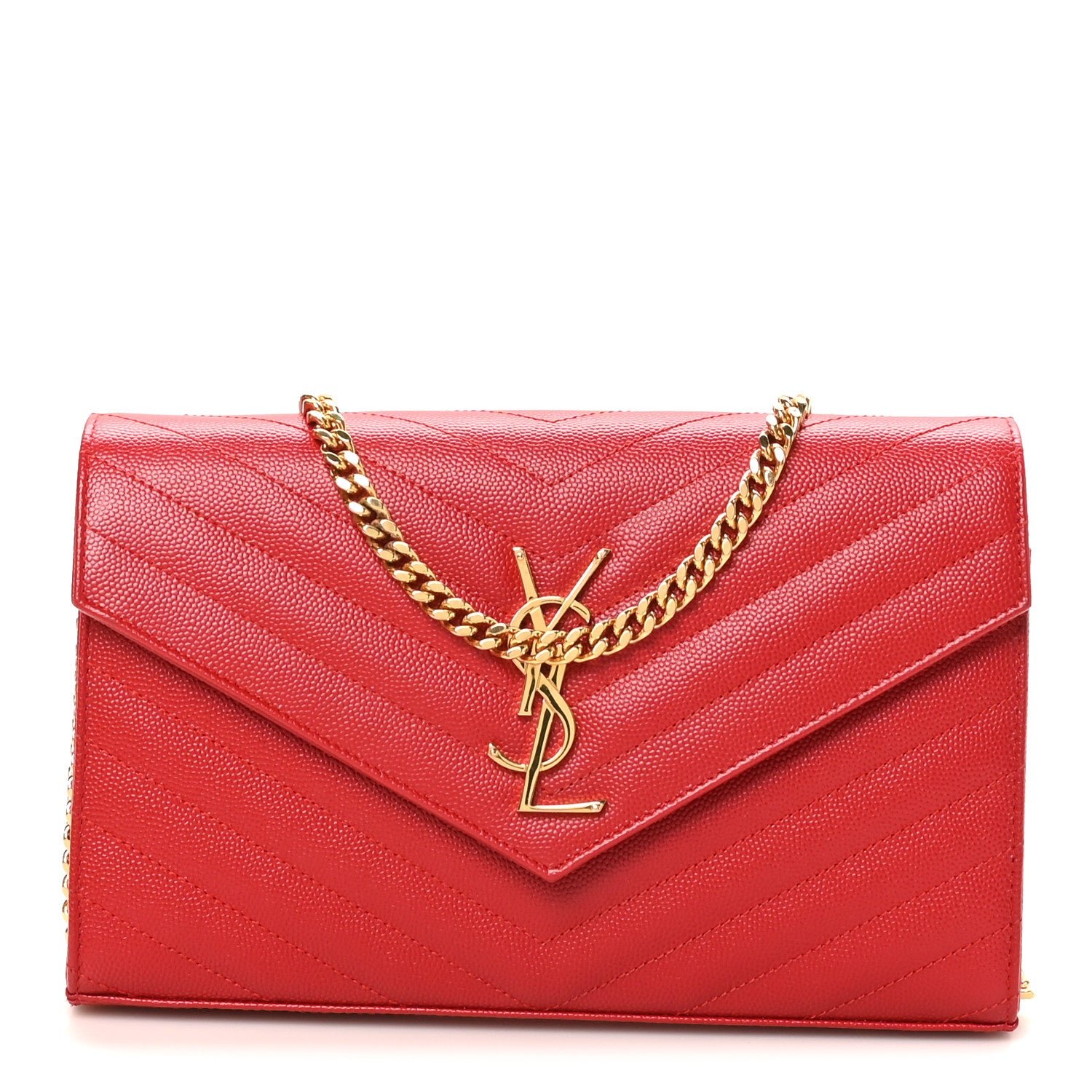 Saint Laurent Grain De Poudre Matelasse Chevron Monogram Chain Wallet Red