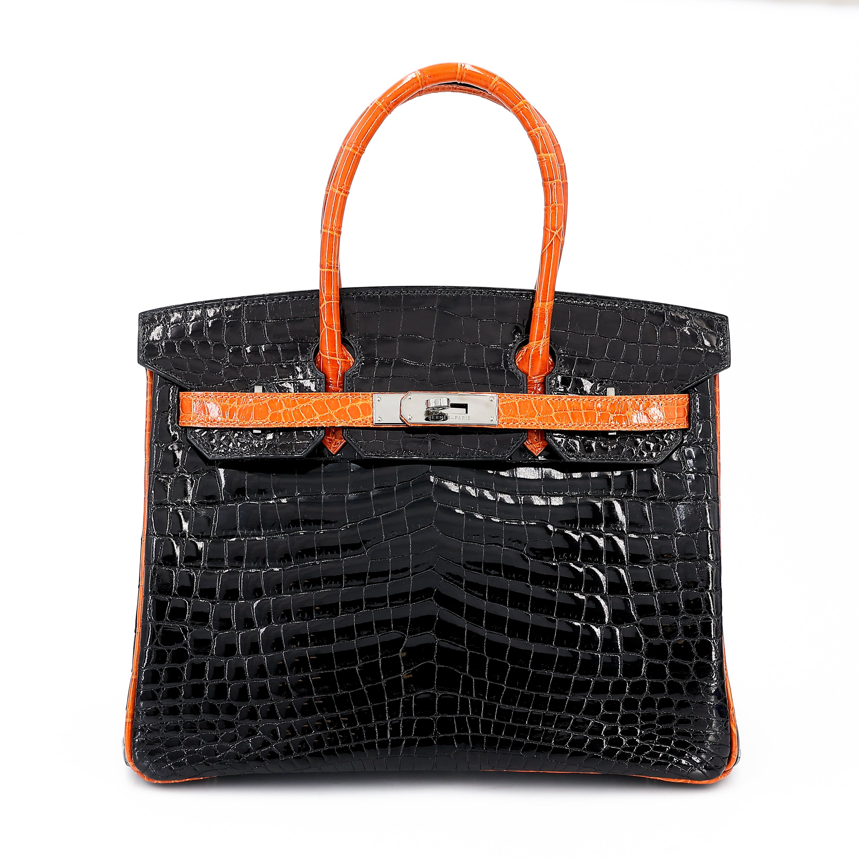 Very Good ( Rank A) HERMÈS Birkin 30 Orange (93) Black (89) Niloticus Crocodile Ruthenium hardware Square H (2004)