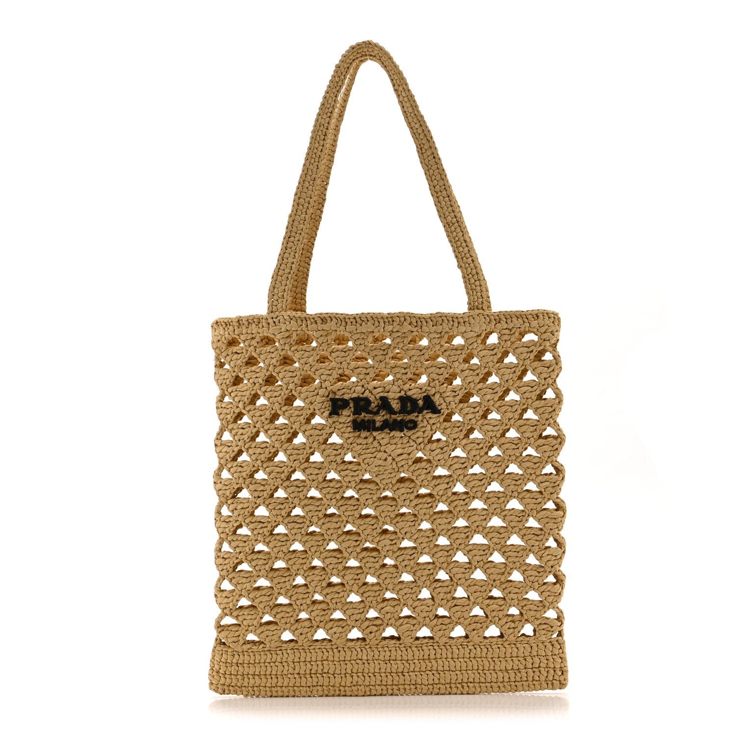 Prada Yarn Raffia Effect Embroidered Logo Tote Naturale