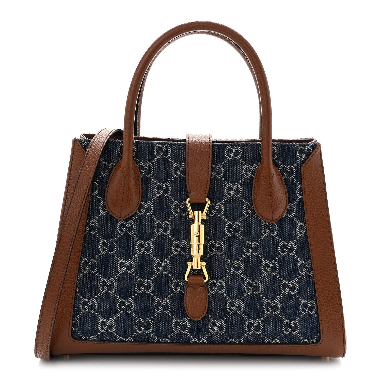 Gucci New Denim GG Monogram Dollar Calfskin Medium Jackie 1961 Tote Blue Tea Cuir Epilog