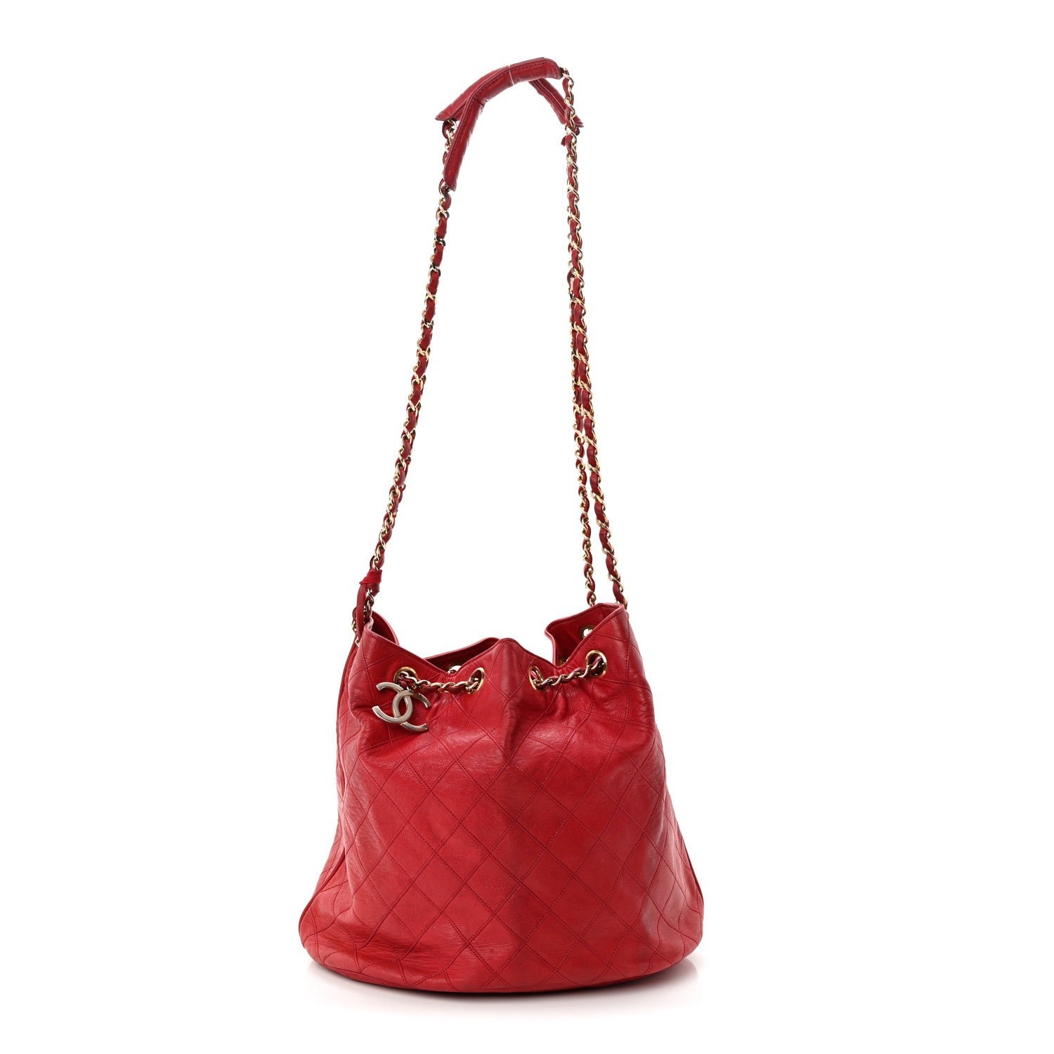 Chanel Lambskin Diamond Stitched CC Drawstring Shoulder Bag Red